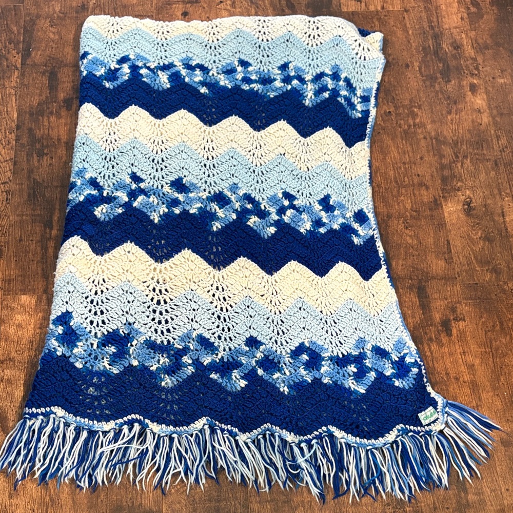 Blue and White Chevron Crochet Throw Blanket